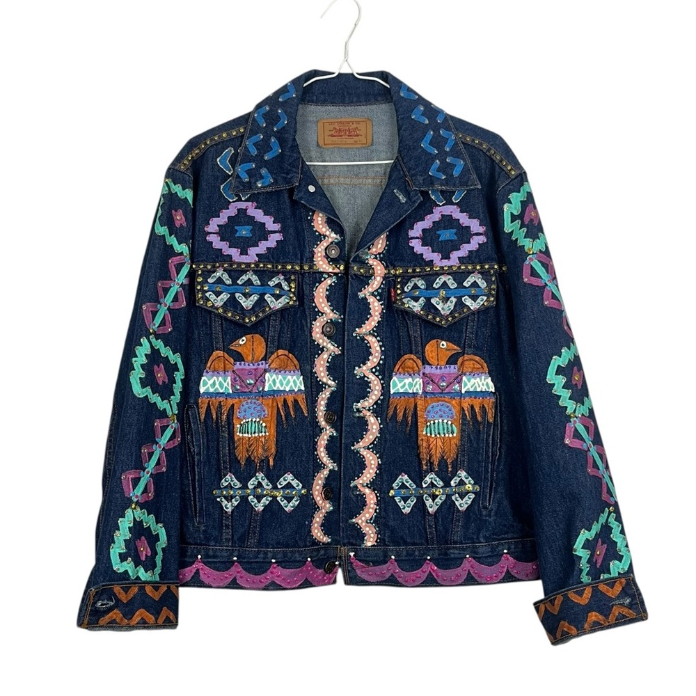 Vintage Levi’s Hand Painted Southwestern Thunderbird Denim Jacket Size 44/Large